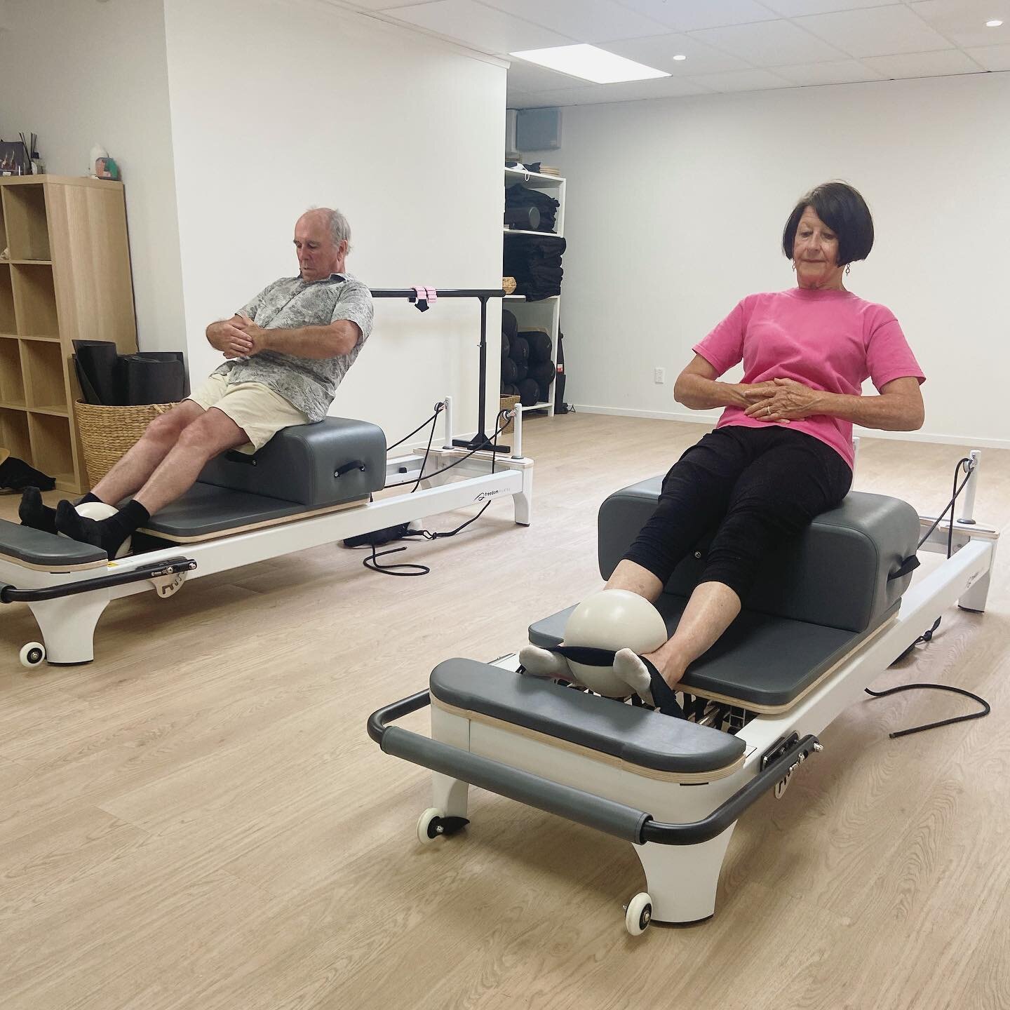 Anyone is welcome here @boutiqueballetpilates ! 😁

Pictured are my 2 retired parents, they were practicing Round Back on the short box. I&rsquo;m so happy they have found Pilates a beneficial way to help keep them moving well and active! 

About the