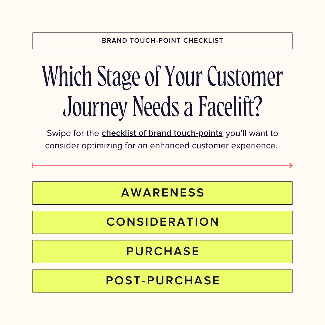Which stage of your customer journey needs a facelift? 👉Swipe right for the ultimate checklist of brand touchpoints that you may consider getting graphic design support for! Let&rsquo;s ensure every customer interaction leaves a lasting impression f