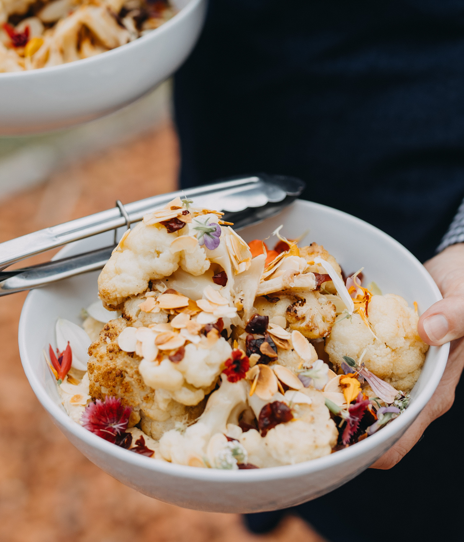 Roasted Garlic caulifower, cranberries, almonds and hummus