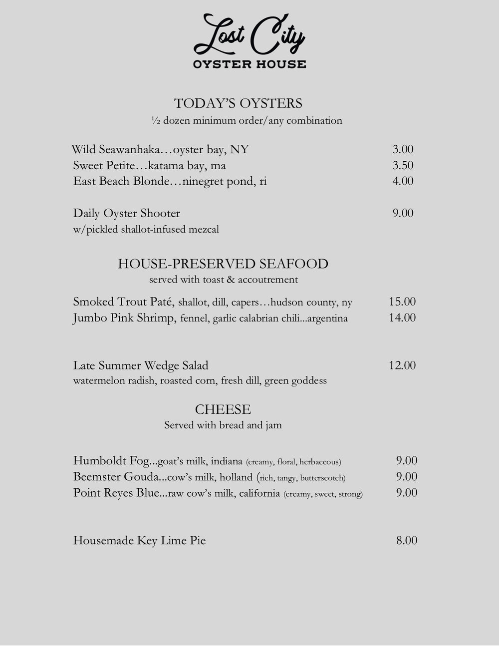 Menu Lost City Oyster House Menu Lost City Oyster House