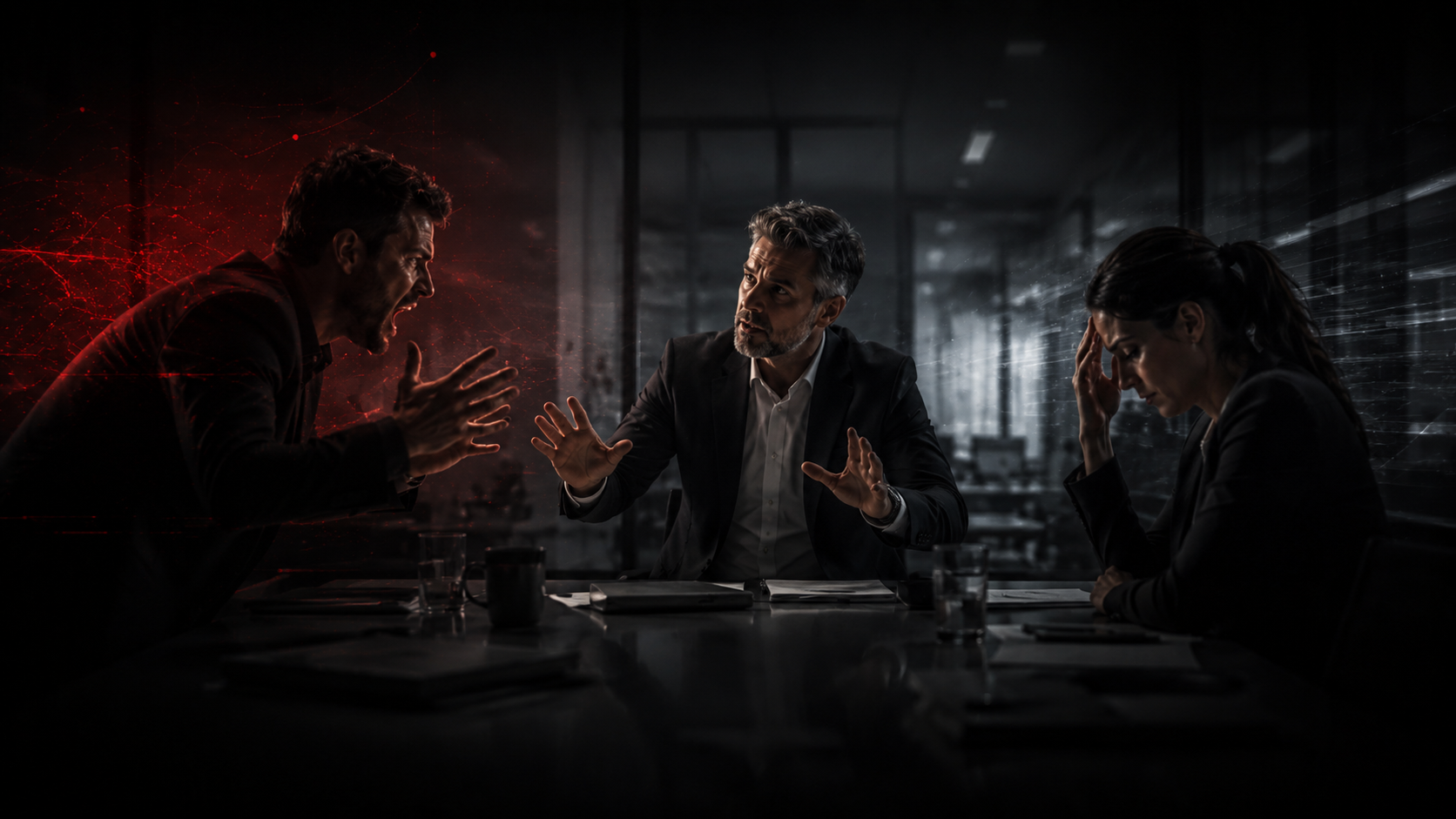 Three businesspeople in a serious discussion in a conference room; the man on the left is angry, the man in the middle is trying to calm him, and the woman on the right looks stressed.