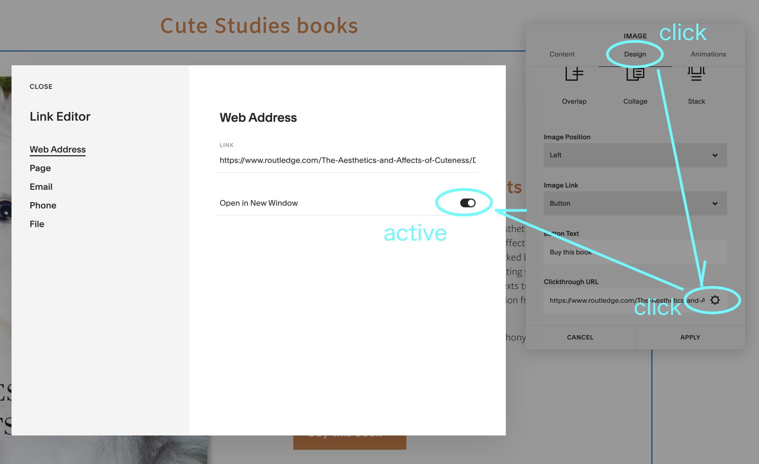 to edit button links settings, click the pencil icon and see “Design” tab.