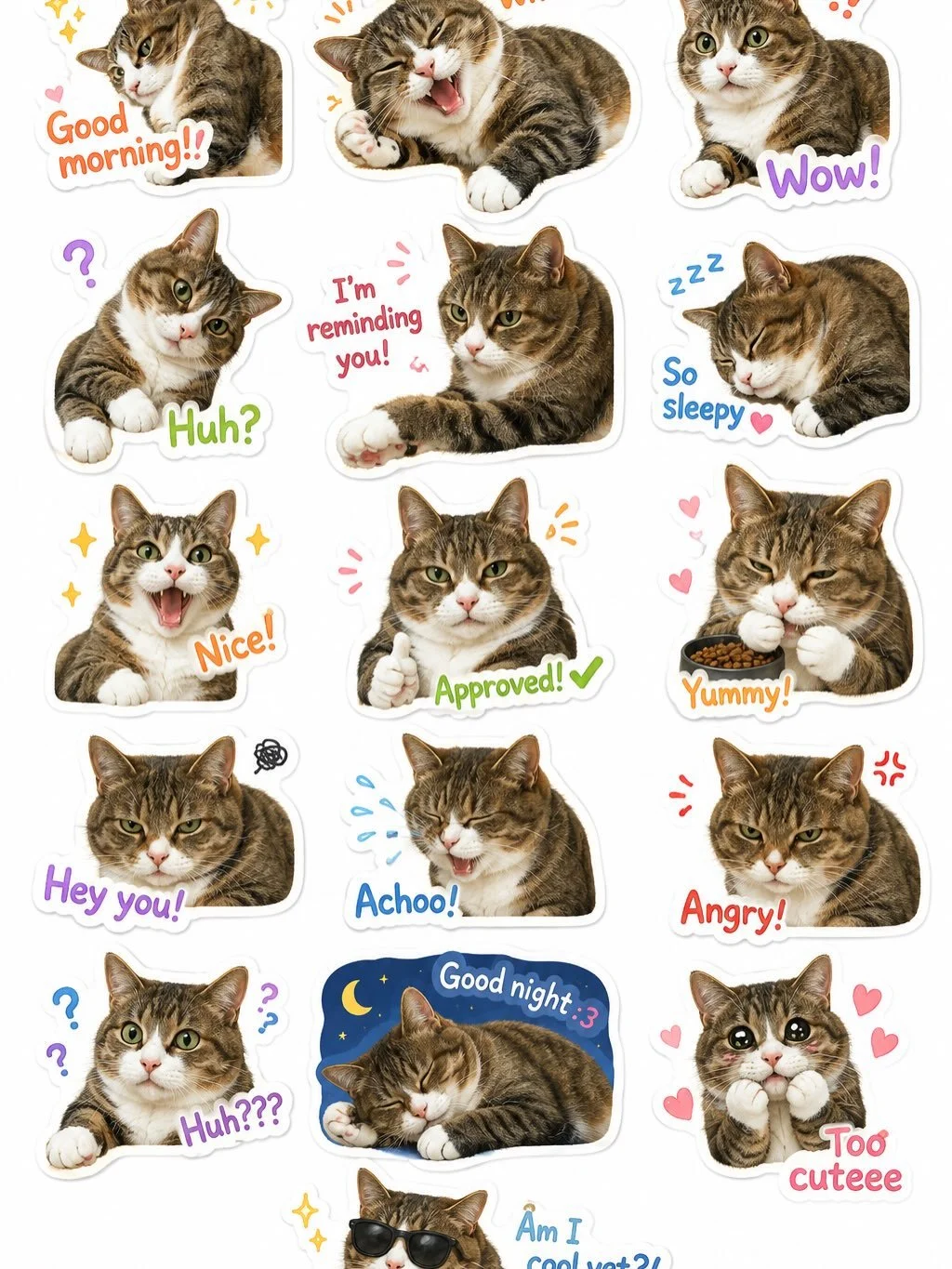ChatGPT prompted me to create a cute, illustrated sticker pack using a photo of my choice 🎨. Of course I chose my cat 🐱✨. The results are pretty good (apart from some extra cat toes here and there 🐾😅). It even made the second page even cuter with