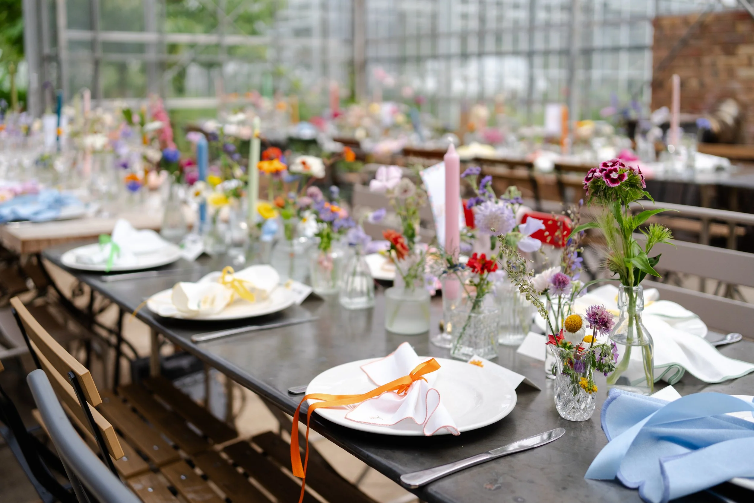 Wedding reception dinner table set-up at a Worton Kitchen Garden, Oxfordshire Wedding.
