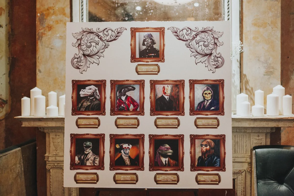Wedding top Table plan with 1980s Cartoon characters as table names at the iconic The Old Queens Head pub, Essex Road, Islington for a London Wedding