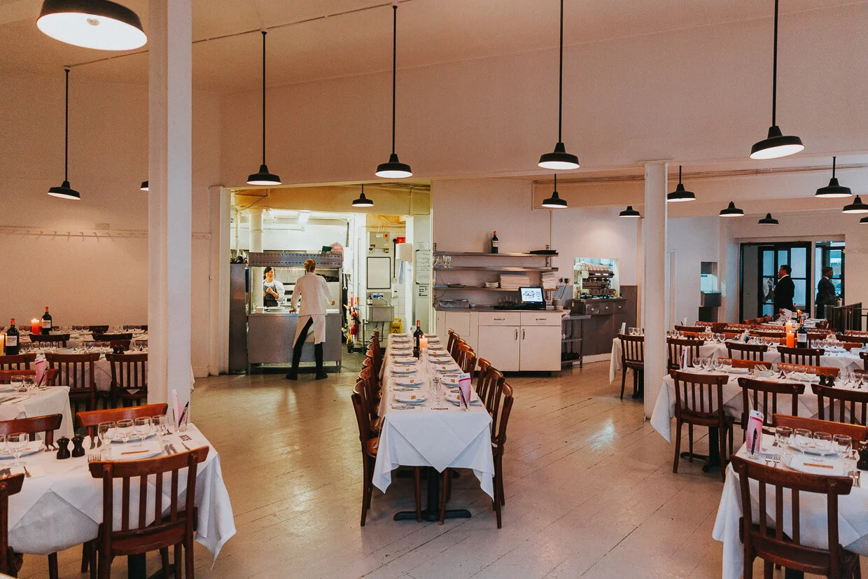 View of St John's Restaurant, Smithfield, set up for a wedding reception for a City of London Wedding.
