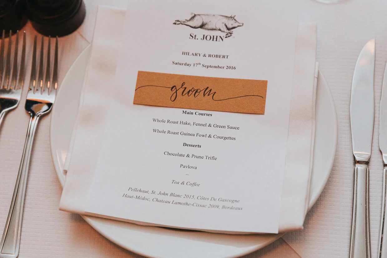 Wedding menu on a plate with the Groom place card at St John Restaurant, Smithfield, at a City of London Wedding