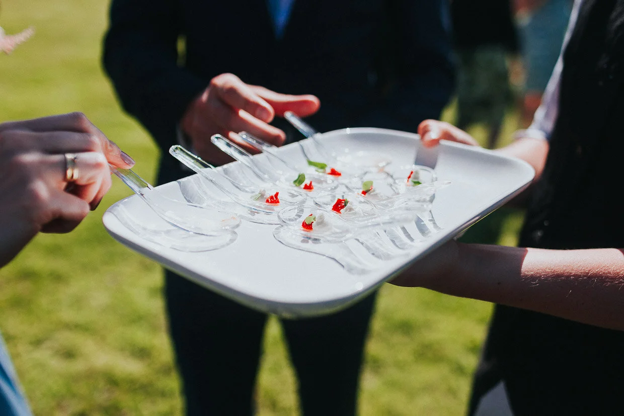 A plate with glass spoons with canapés on the Ballynatray Estate for a Cork Wedding