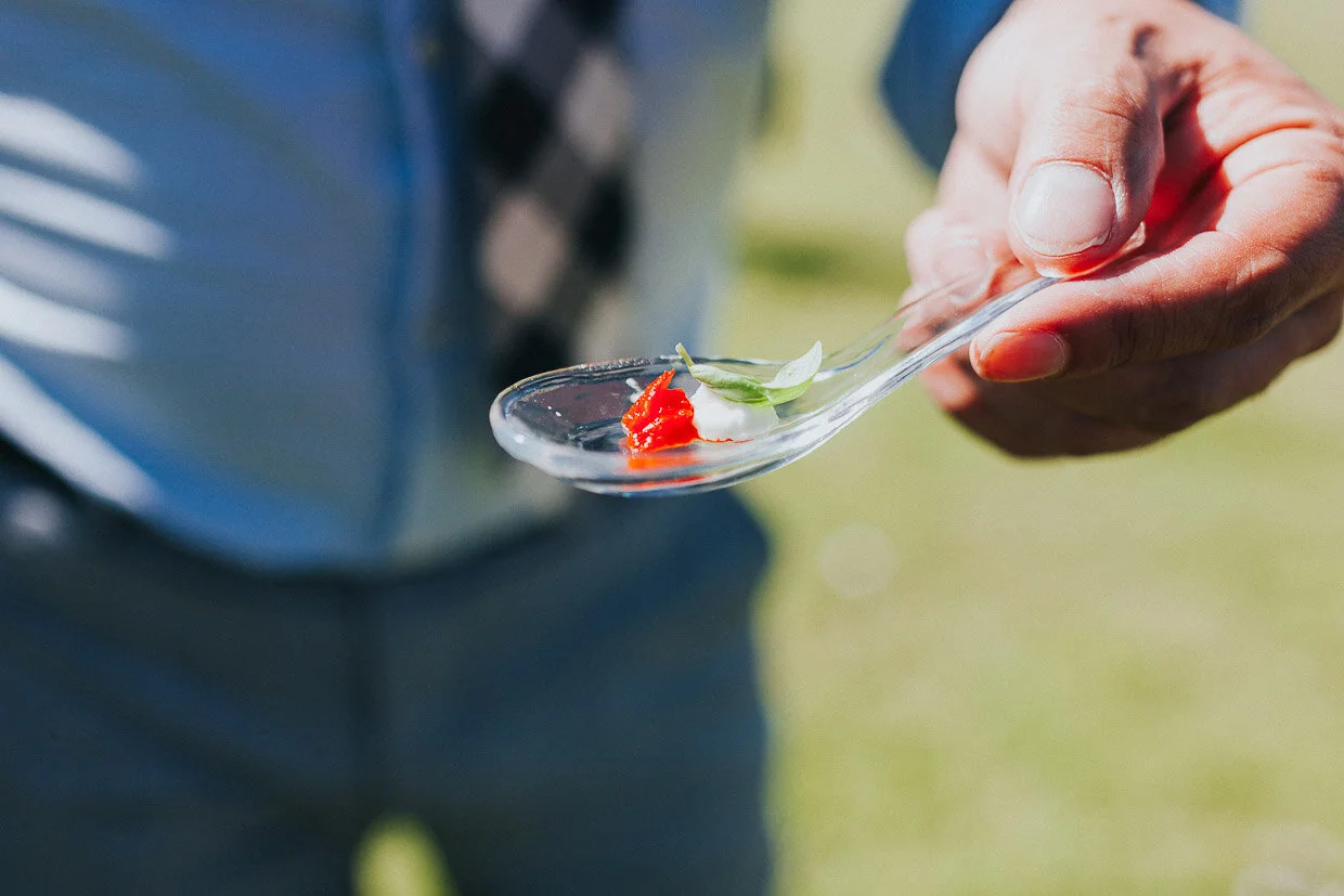 Guest holding a glass spoon with a small canapé on the Ballynatray Estate for a Cork Wedding