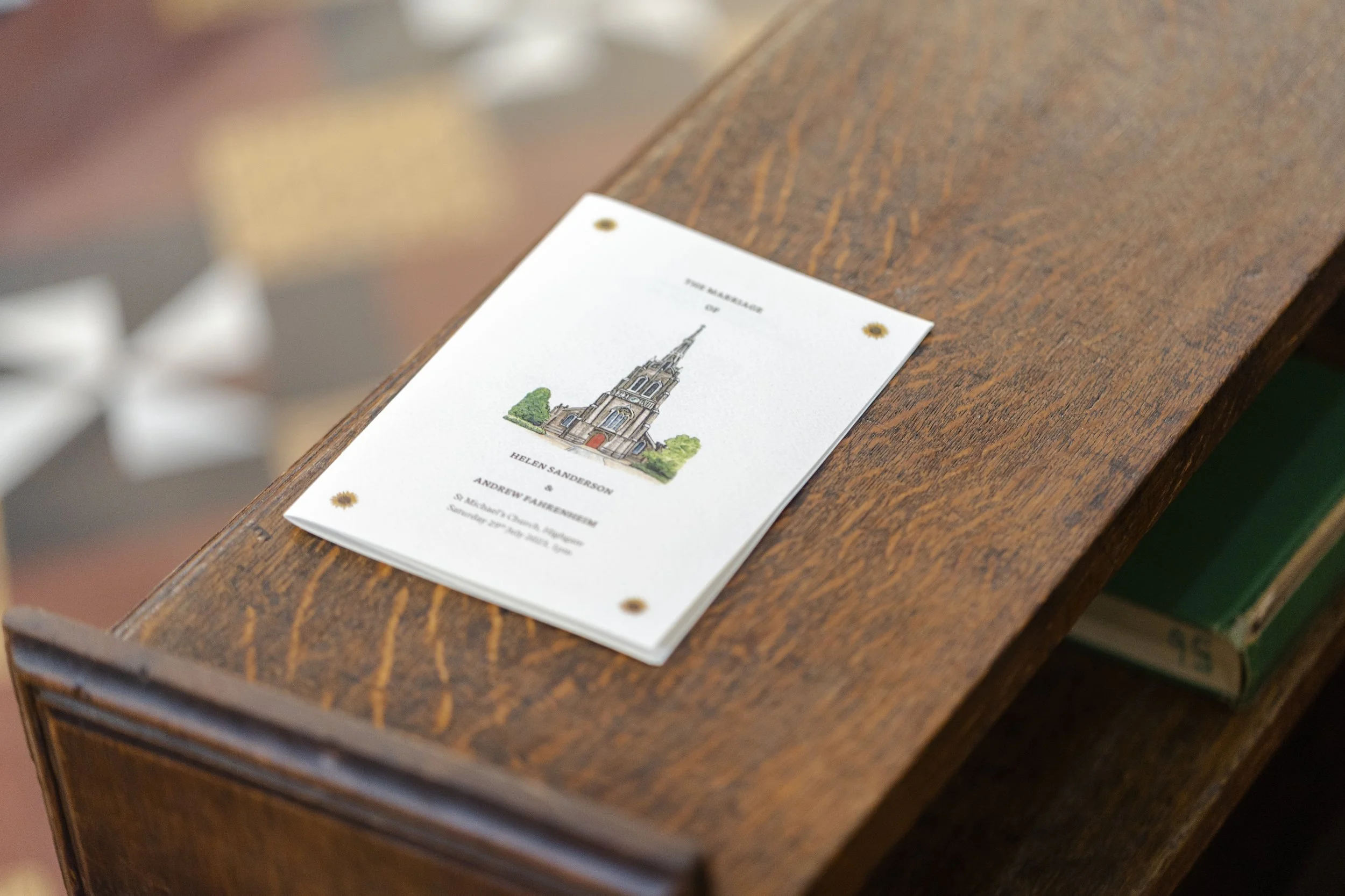 Wedding Order of service with a illustration of St Michael's Church, Highgate at a Highgate, London Wedding