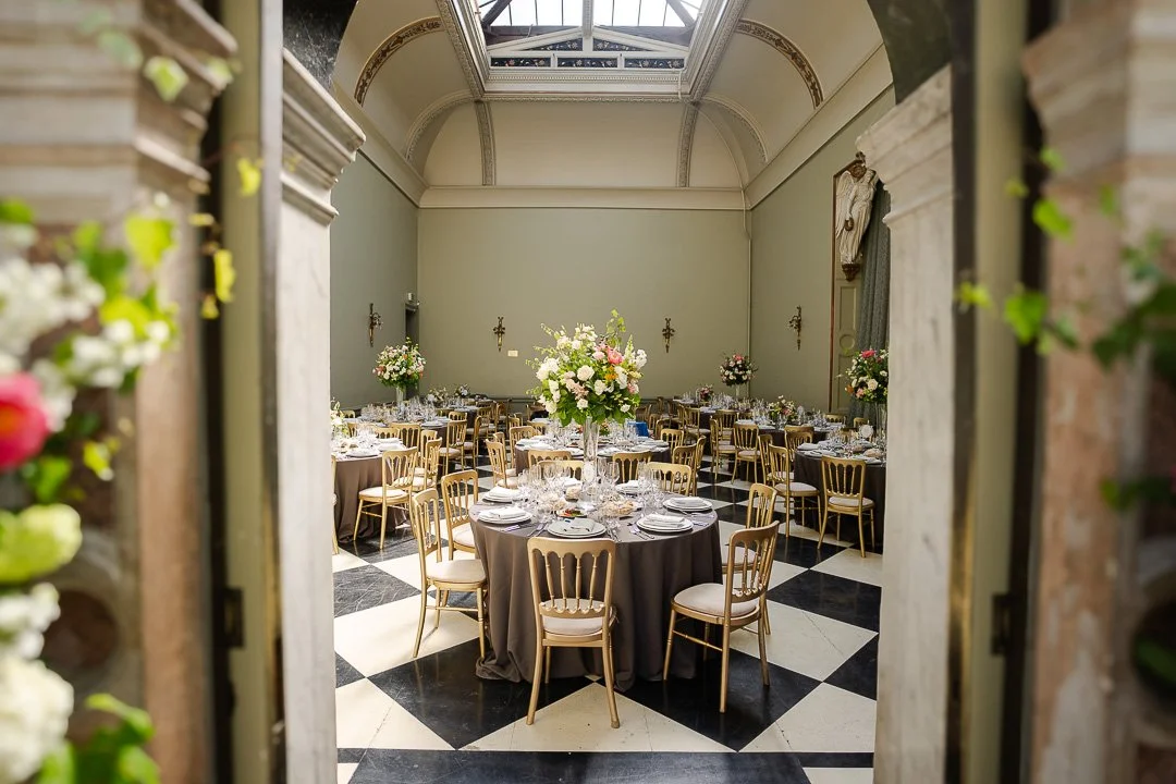 A view of the Reception room from just inside the doorway of the room at a Hampton Court House Wedding.