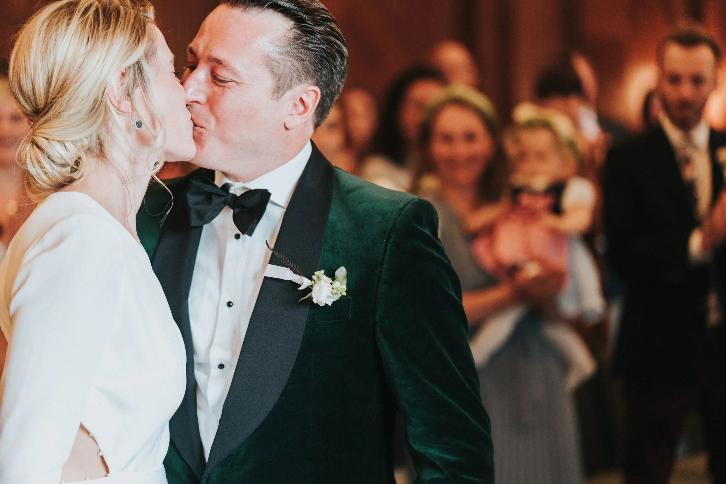 Wedding couple kissing at the end of the ceremony at a Old Marylebone Town Hall Wedding