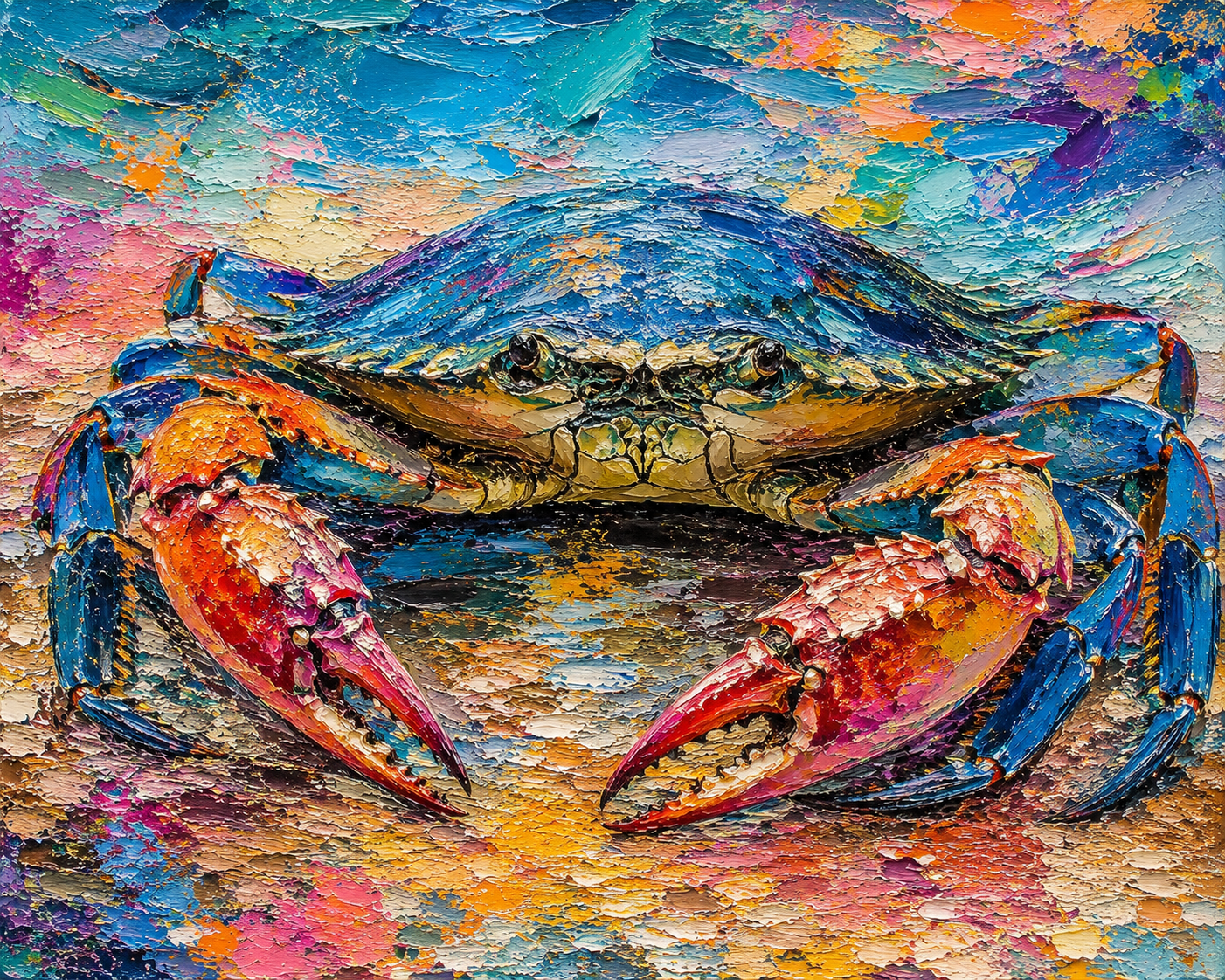 Coastal Blue Crab Original Textured Acrylic Painting | 16x20 Palette Knife Ocean Art | Colorful Beach House Wall Decor | Coastal Cottage Artwork