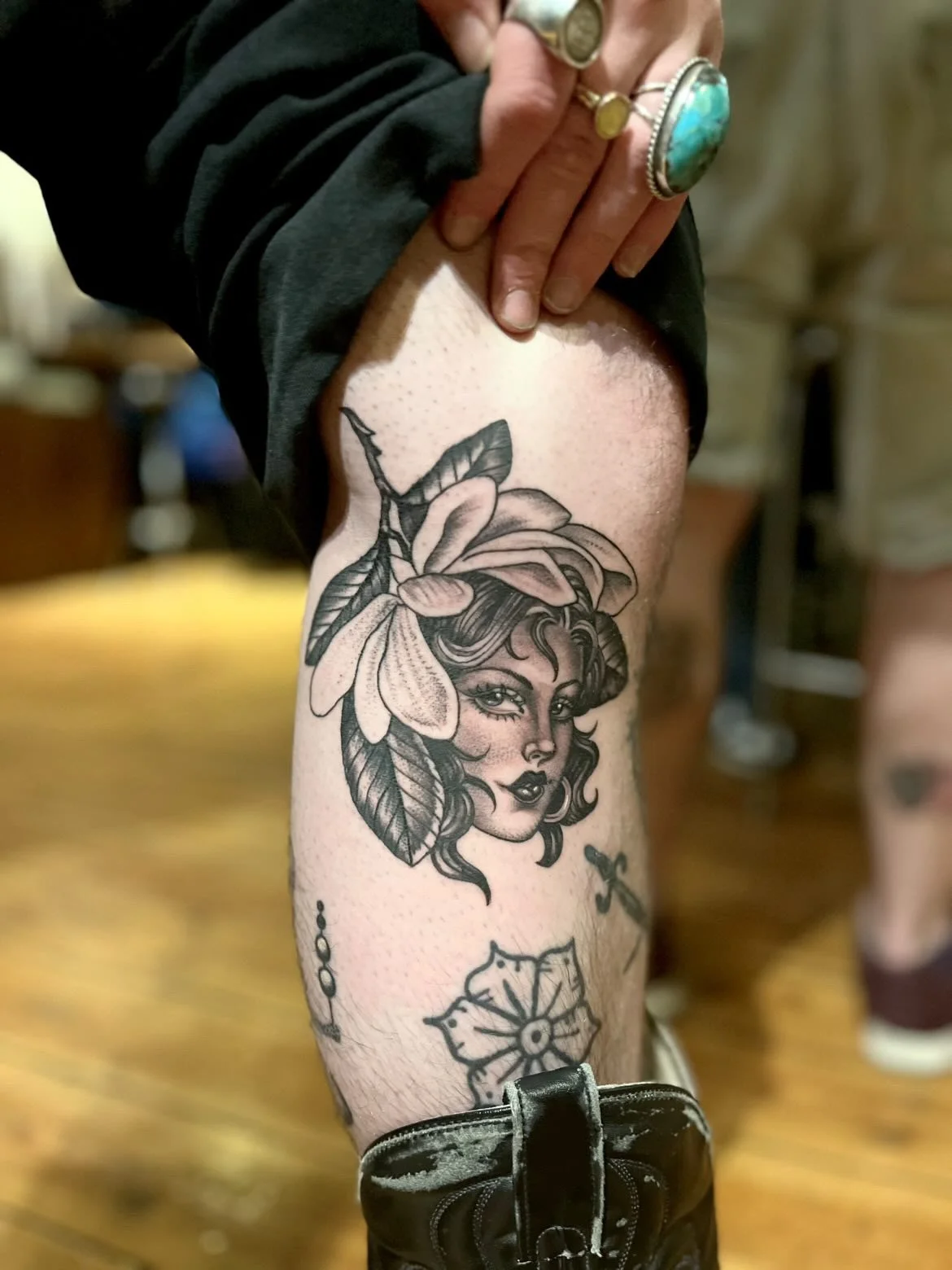 Healed Flower and Lady Head on the inner knee, Black and Grey Fineline