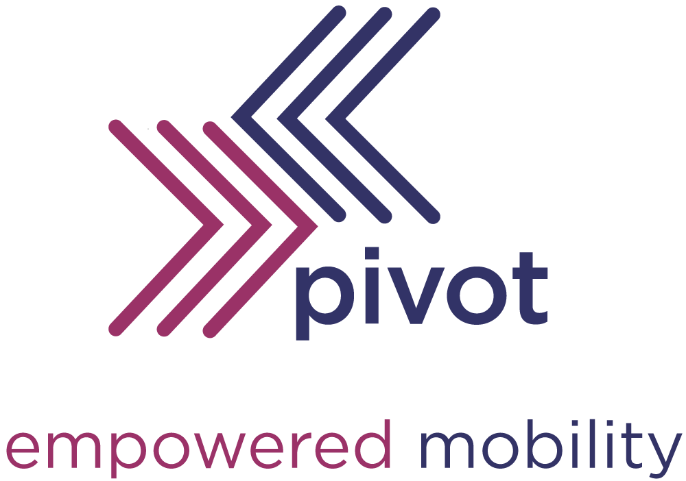 Pivot logo, set of three pink arrows pointing left, with three purple arrows pointing right directly after. The word pivot spelled out, with the tag line empowered mobility at the end.
