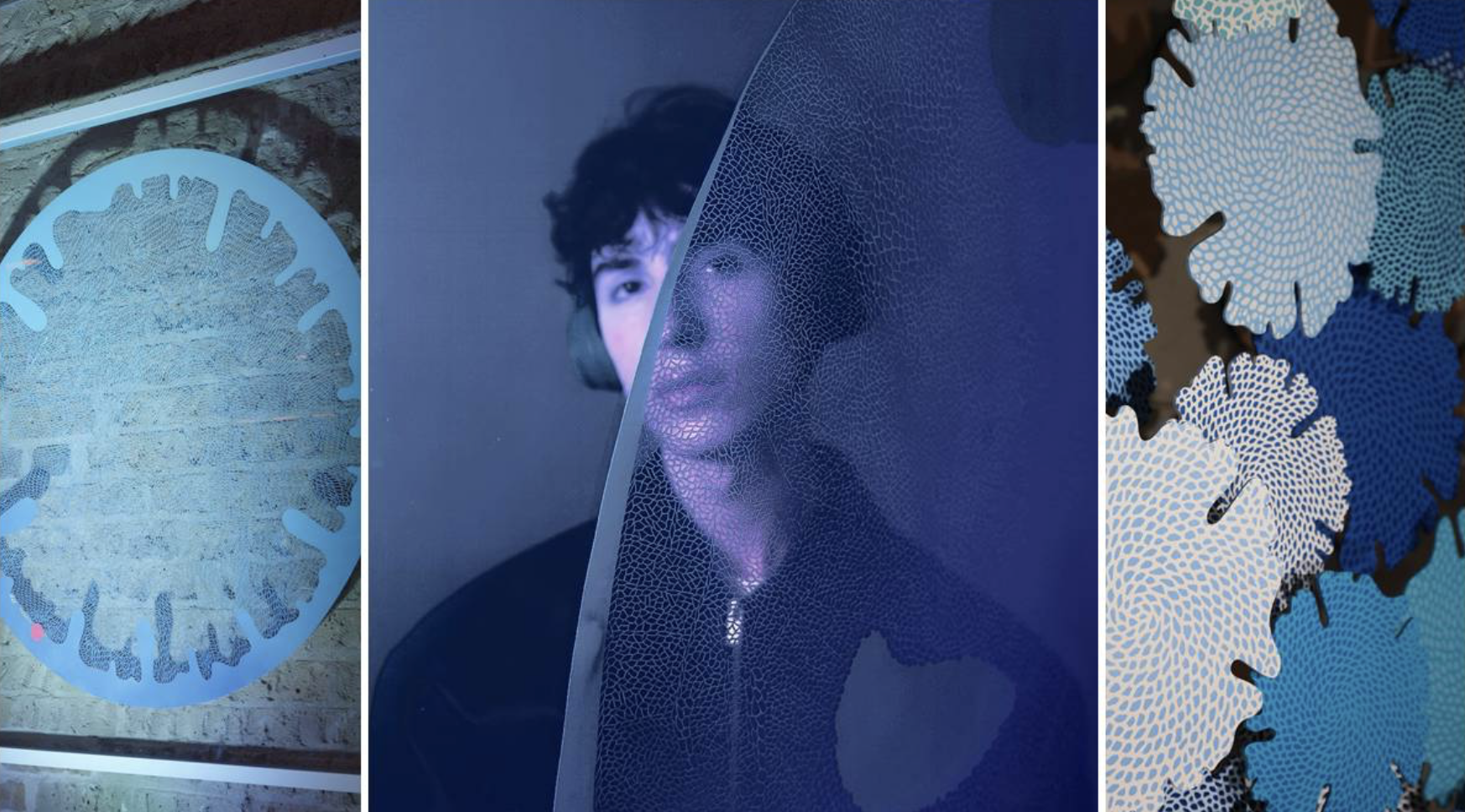 Three separate images: one of a circular patterned art piece on a wooden wall, one of a young man with headphones behind a textured, semi-transparent blue screen, and one of layered blue, white, and black abstract floral patterns.