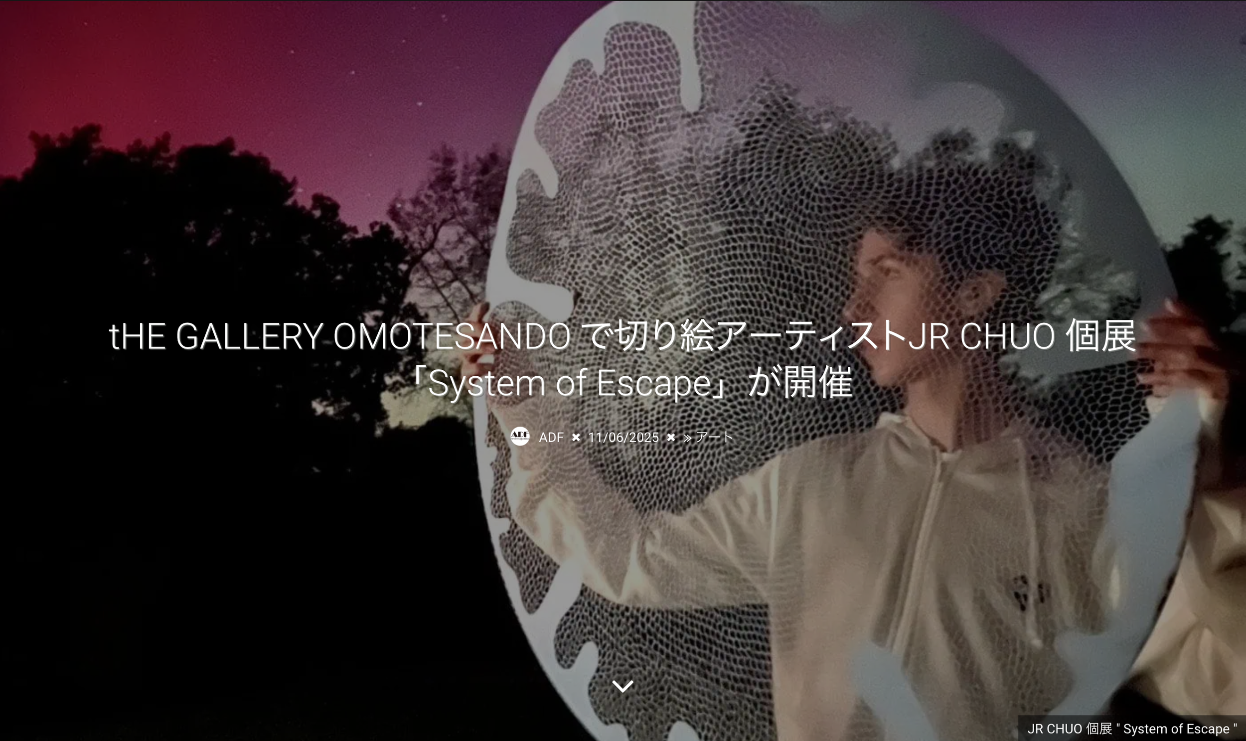 A woman looking at a circular art piece with a honeycomb pattern, outdoors during sunset or twilight, with trees and a colorful sky in the background.