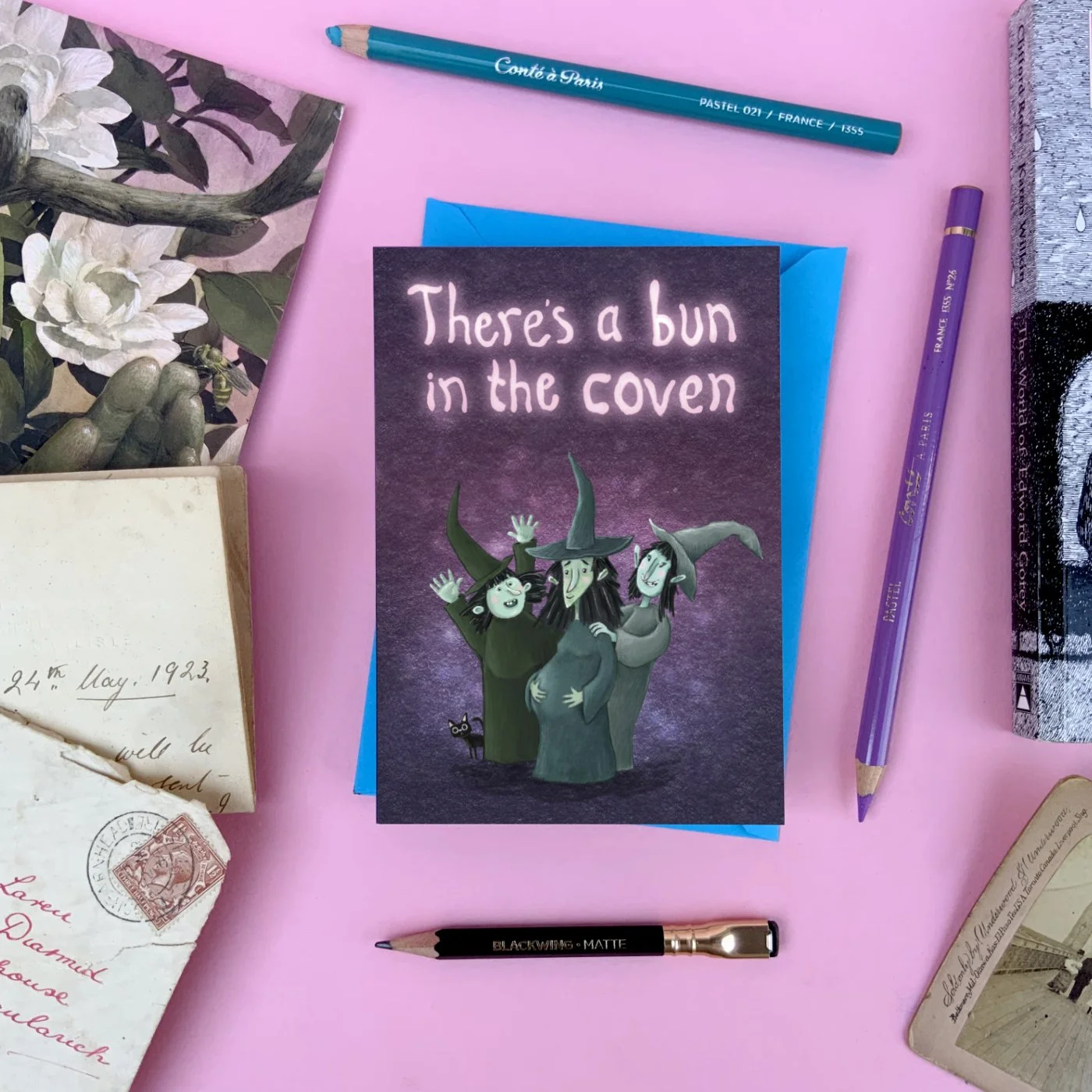 witches-new-baby-witch-newborn-pregnant-parent-bun-in-the-coven-card-halloween-scary-horror-party-goth-undead-alternative-funny-cute-humour-hand-drawn-illustration-made-in-the-uk-scotland-joke-gift-mu