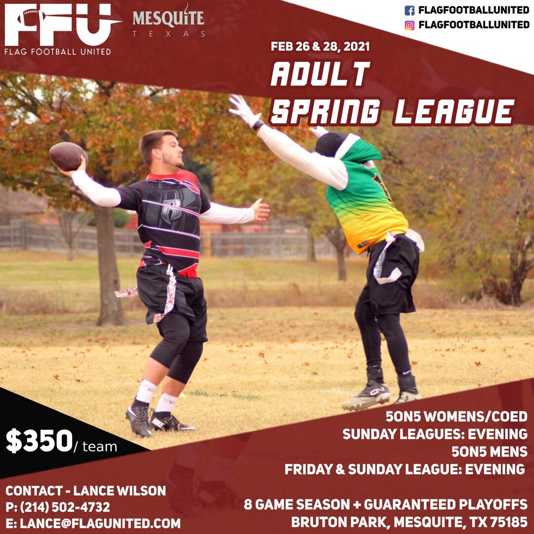 Register your team now for our upcoming Friday and Sunday leagues! 
More info: www.flagunited.com