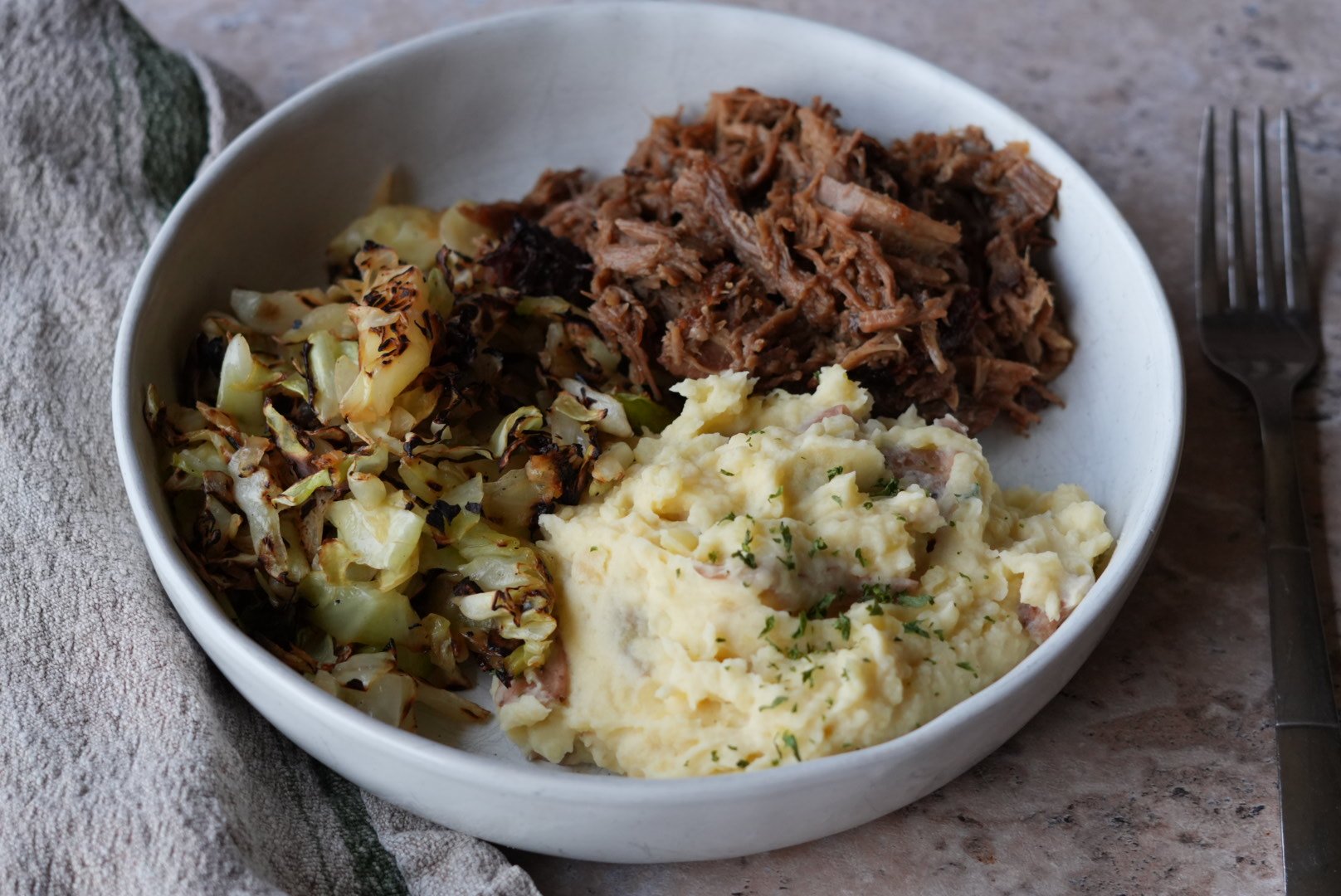 Potatoes and chuck roast bowl as a balanced meal with protein and carbohydrates
