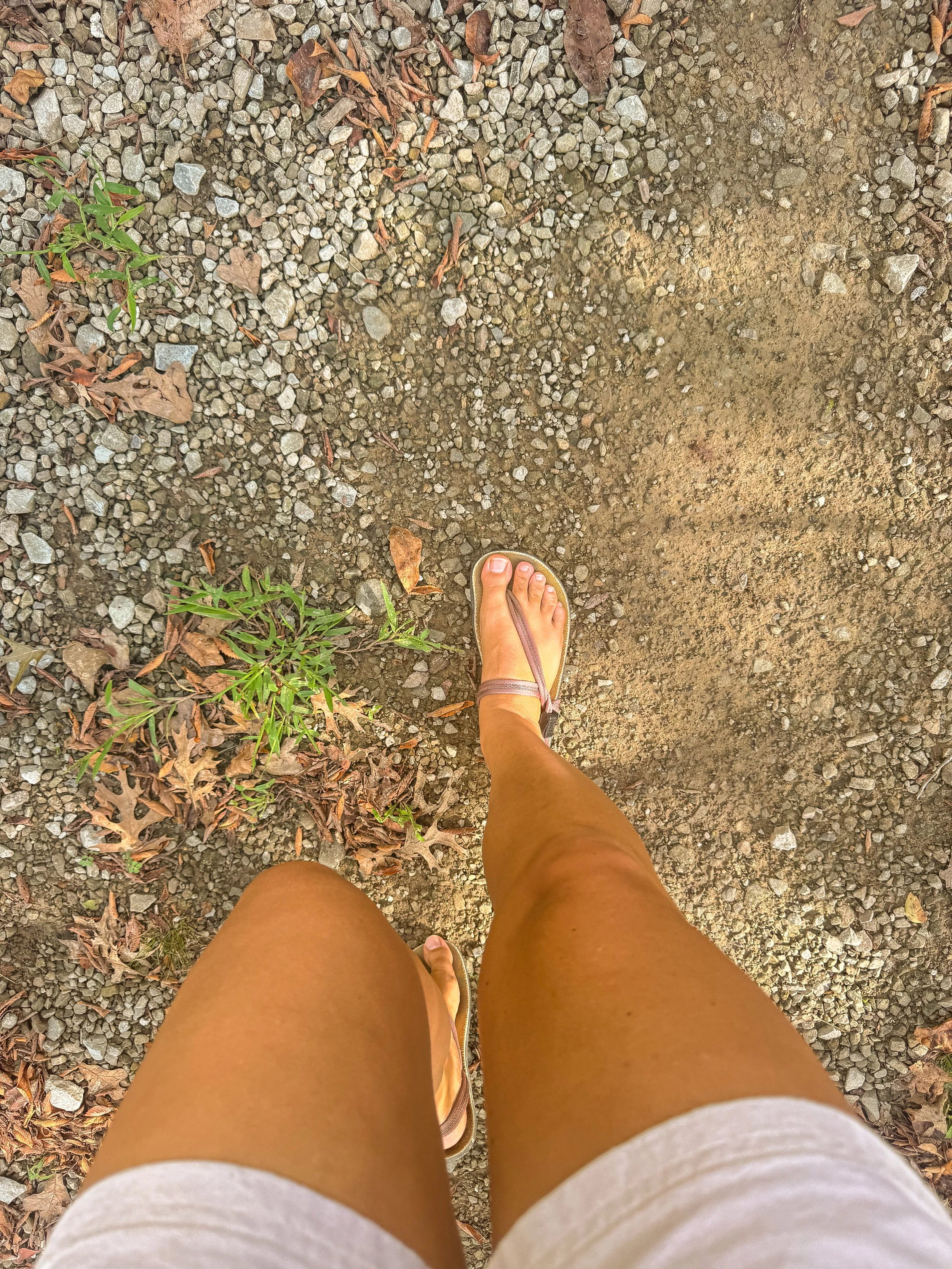 A person wearing flip-flops walking on a dirt and gravel trail with some green plants and fallen leaves along the side.