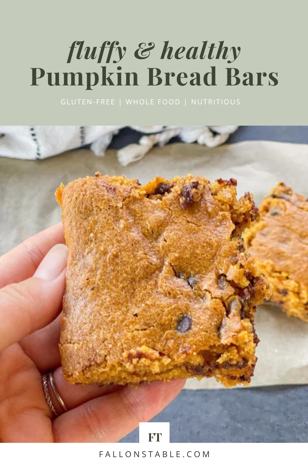 These fluffy gluten-free pumpkin bread bars are packed with pumpkin, warm spices, and chocolate chips. An easy, family-friendly fall dessert made with simple ingredients!