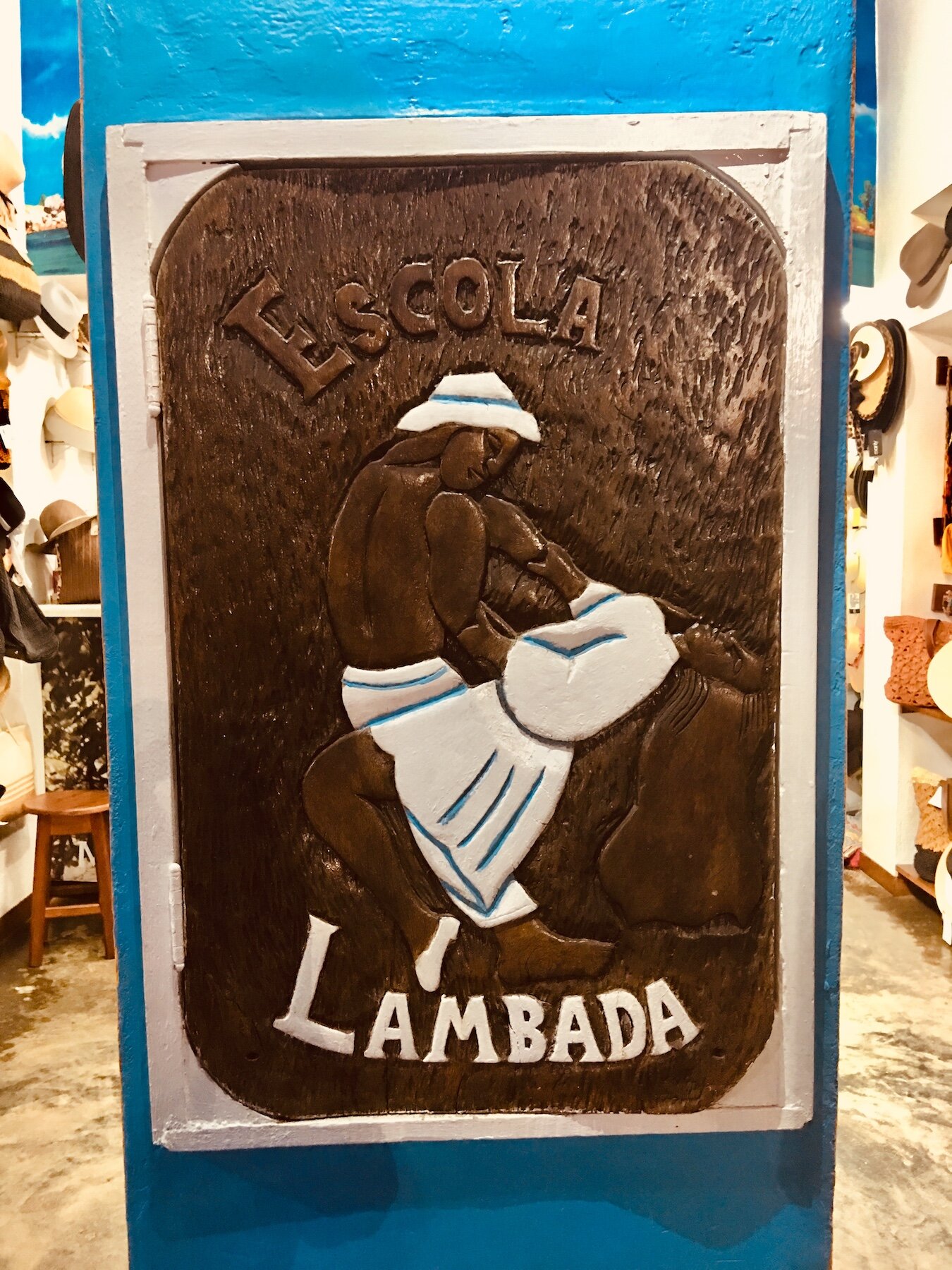 Sign outside one of the first Lambada Schools - in the church square, Arraial d’Ajuda, Porto Seguro Brazil. The site is now a hat shop.