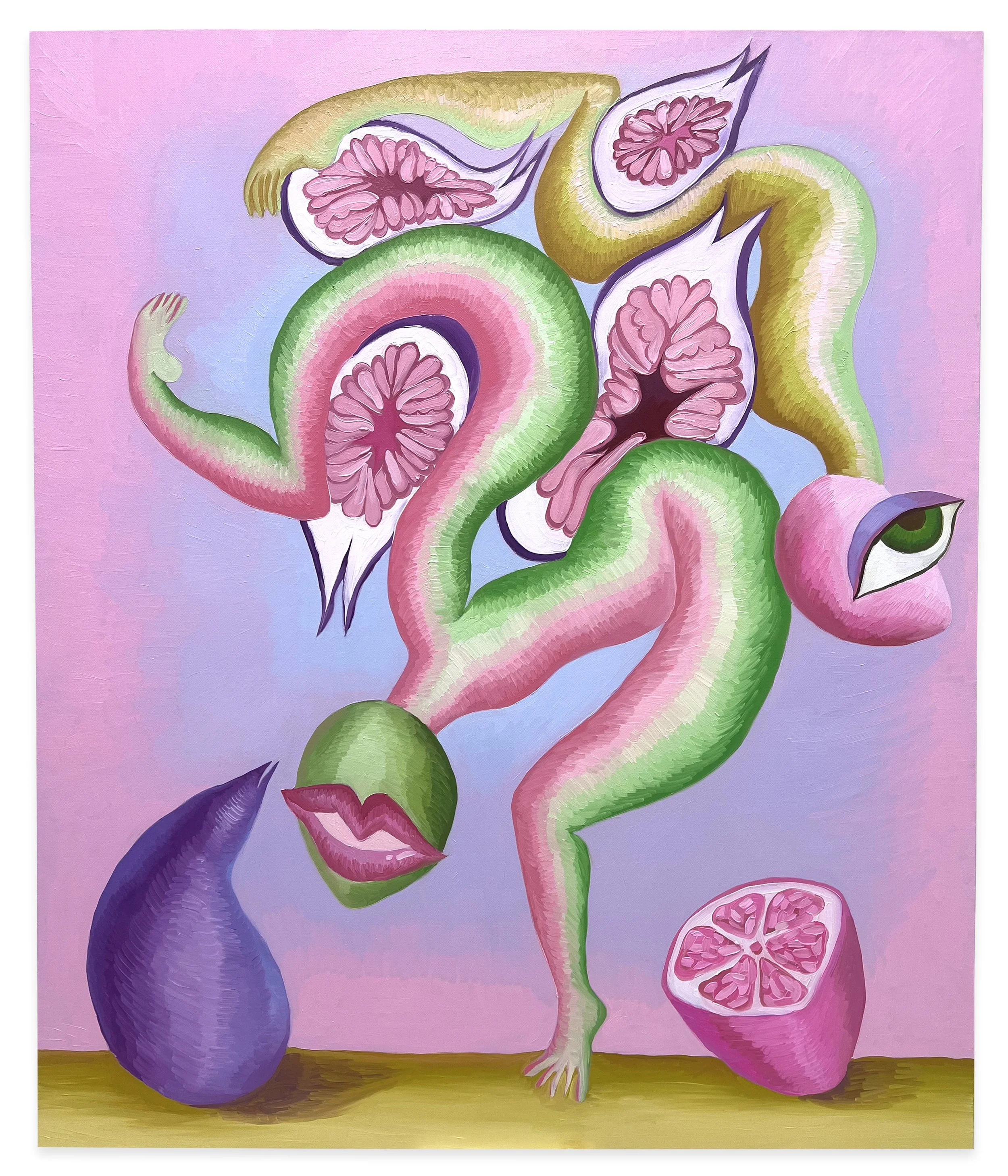 Curving Creatures with Pink Good Luck Lemon, Oil on linen, 36 x 30 inches