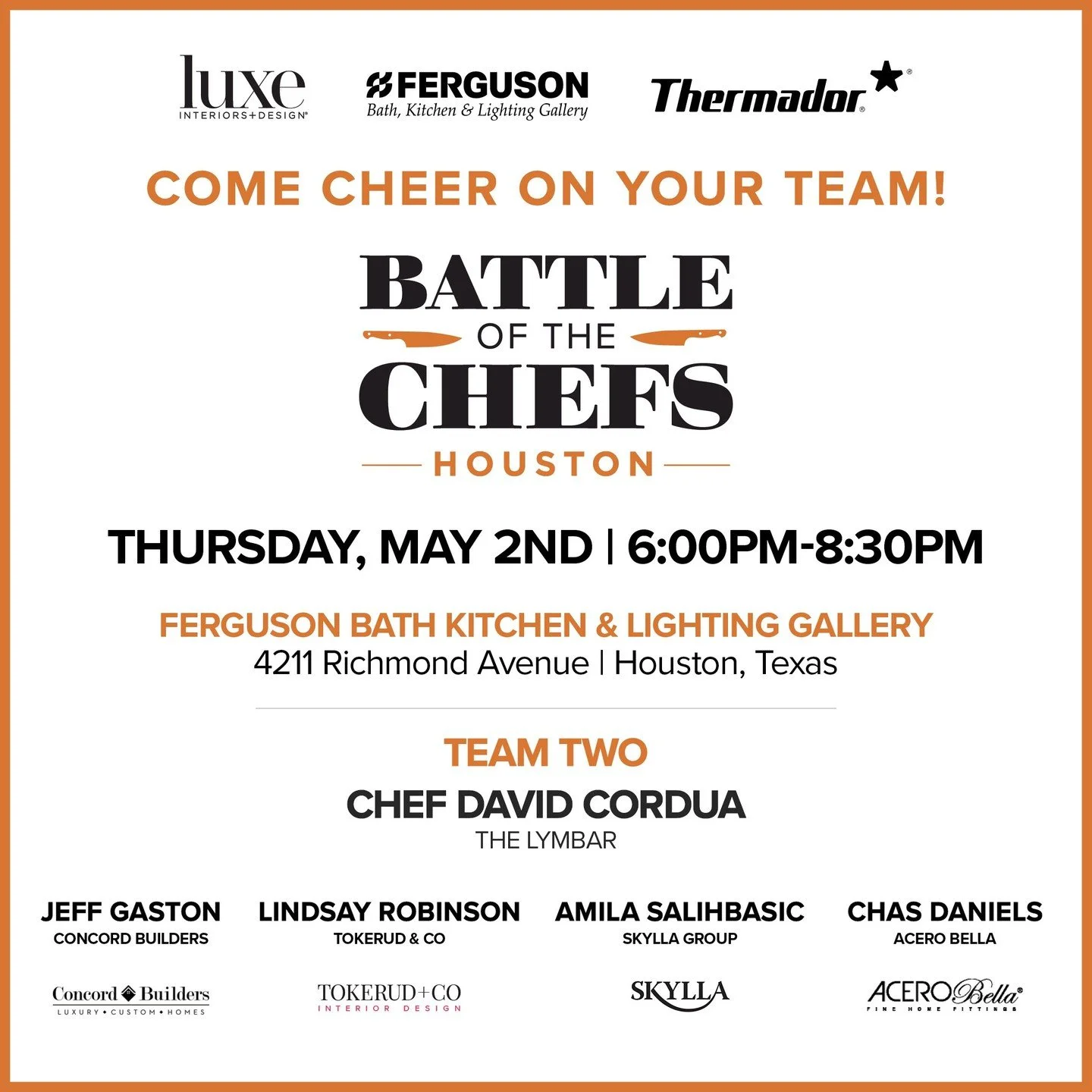 ʟᴜxᴇ ʜᴏᴜꜱᴛᴏɴ ᴘʀᴇꜱᴇɴᴛꜱ... 

𝗕𝗮𝘁𝘁𝗹𝗲 𝗼𝗳 𝗧𝗵𝗲 𝗖𝗵𝗲𝗳𝘀 𝟮𝟬𝟮𝟰

We're teamed up with Chef David Cordua (@thelymbar) to battle against team Chef Kevin Naderi (@roostrestaurant). Come cheer us on! 

⭐ GO TEAM 2! ⭐

📅 Thursday, 5/2 @ 6PM 
📍Fe