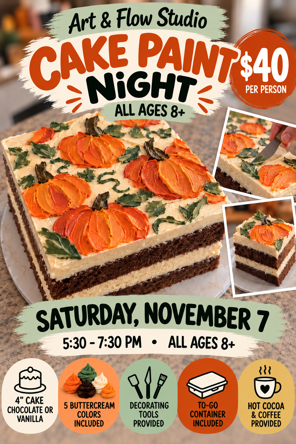 11/07 • Saturday• Cake Paint Night – Autumn Theme • 5:30–7:30 PM • Ages 8+