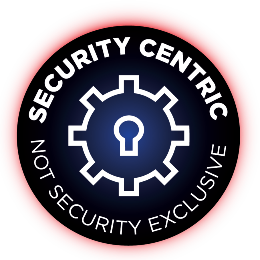 Seal of the Security Center with a gear and keyhole symbol in the center, surrounded by a red and black circular border, featuring the text "Security Center" and "Not Security Exclusive."
