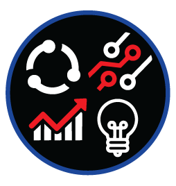 A black circular icon with white and red graphics representing data analysis, growth, and innovation, including a neural network, line graphs, gears, a growth chart with an arrow, and a lightbulb.