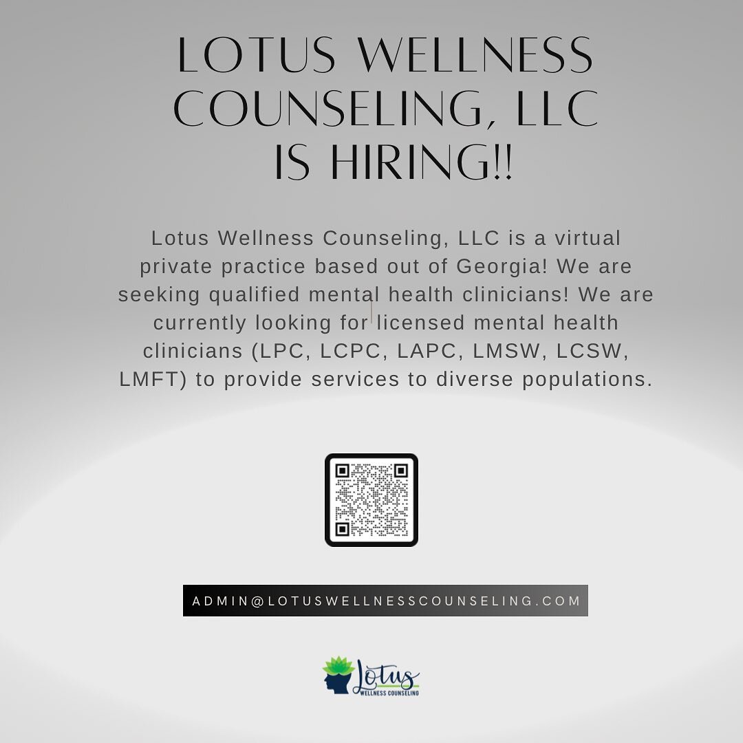 Lotus Wellness Counseling, LLC is hiring!! Please go to https://www.lotuswellnesscounseling.com/clinicians for full description and more information! Email or DM us for any questions!
&bull;
&bull;
&bull;
#hiring #therapist #lotuswellnesscounseling