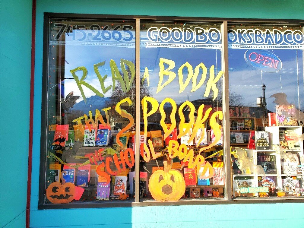 Boo[ks]! Today's a fine day to spread this advice from @firesidebooks in Palmer, Alaska. They were one of two honorable mention winners in the @americanbooksellers's 2023 Banned Books Week Display Contest. Another one of our favorites, @auntiesbooks 