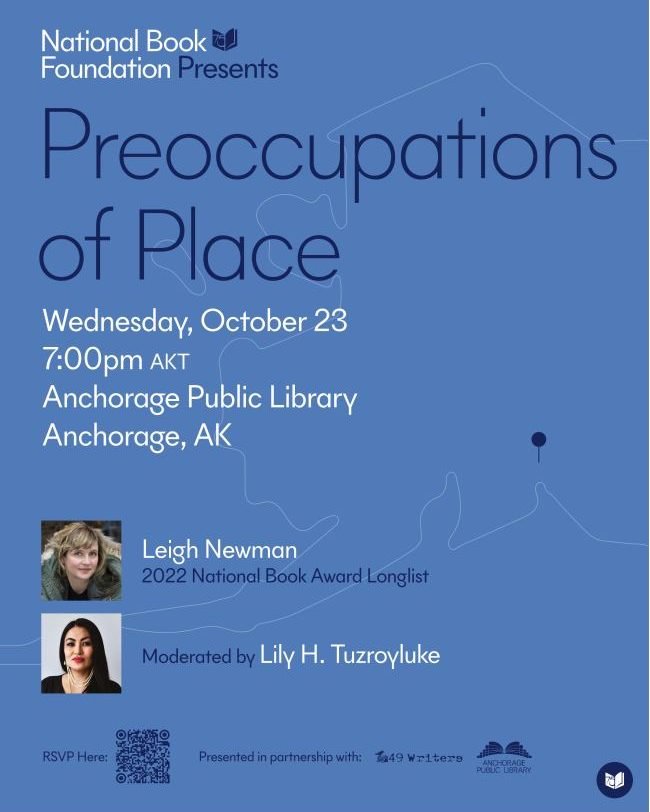 Tonight, Anchorage, and this Friday, Fairbanks (and Zoom world... link in the second image)... don't miss out on the chance to see author Leigh Newman, whose tremendous book of linked stories, Nobody Gets Out Alive (Simon &amp; Schuster,) was a Natio