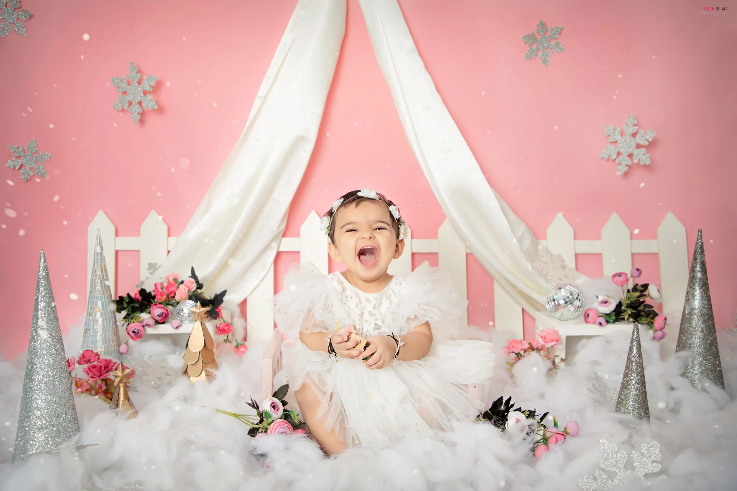 Premium sitter baby portraits photographed at Frame It Out Photography, Faridabad, capturing first-year baby milestones