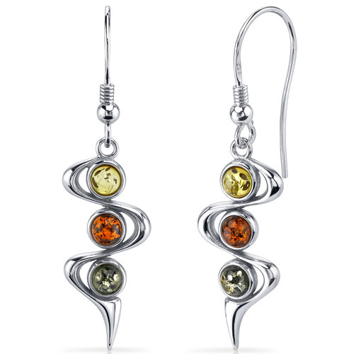 SP:  Three Stone Amber Earrings Sterling Silver Green Honey Cognac