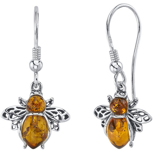 SP:  Genuine Baltic Amber Bee Dangle Earrings in Sterling Silver
