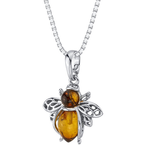 SP:  Genuine Baltic Amber Bee Pendant Necklace in Sterling Silver