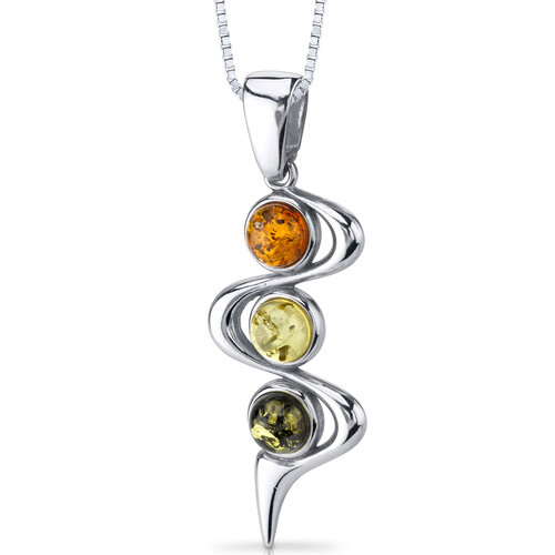 SP:  Three Stone Amber Pendant Sterling Silver Green Honey Cognac