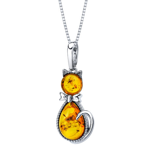 SP:  Baltic Amber Sterling Silver Cat Pendant Necklace