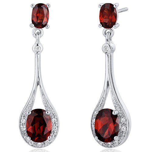 Garnet Oval Cut Dangle Diamond CZ Earrings in Sterling Silver