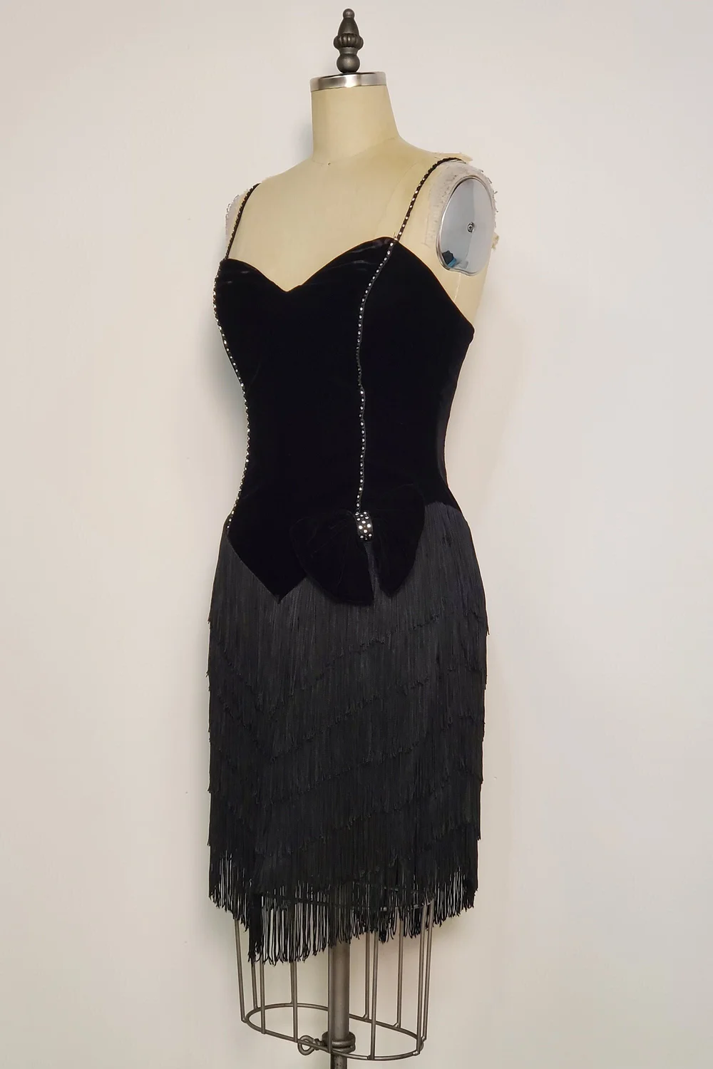 1980's Zum Zum || Black Velvet with Fringe Cocktail Dress || Waist: 27.5"   ATAH BOUTIQUE