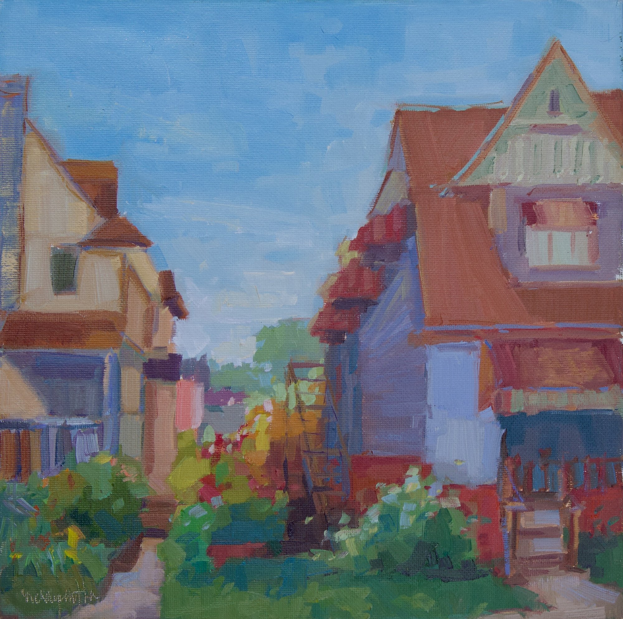 "Up The Block from the Lemonade Stand" | oil on canvas panel | 10 x 10