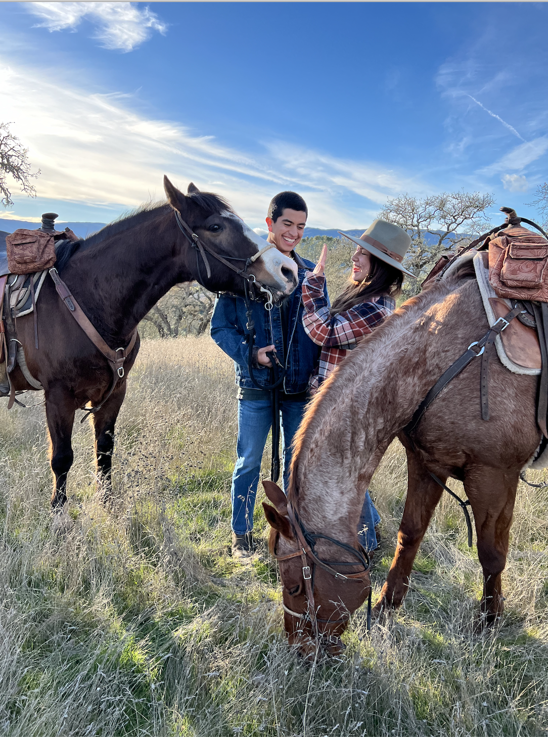 A young man and a woman smiling and giving a high five in a grassy field with two horses, one brown and one roan, both saddled, under a blue sky with wispy clouds.