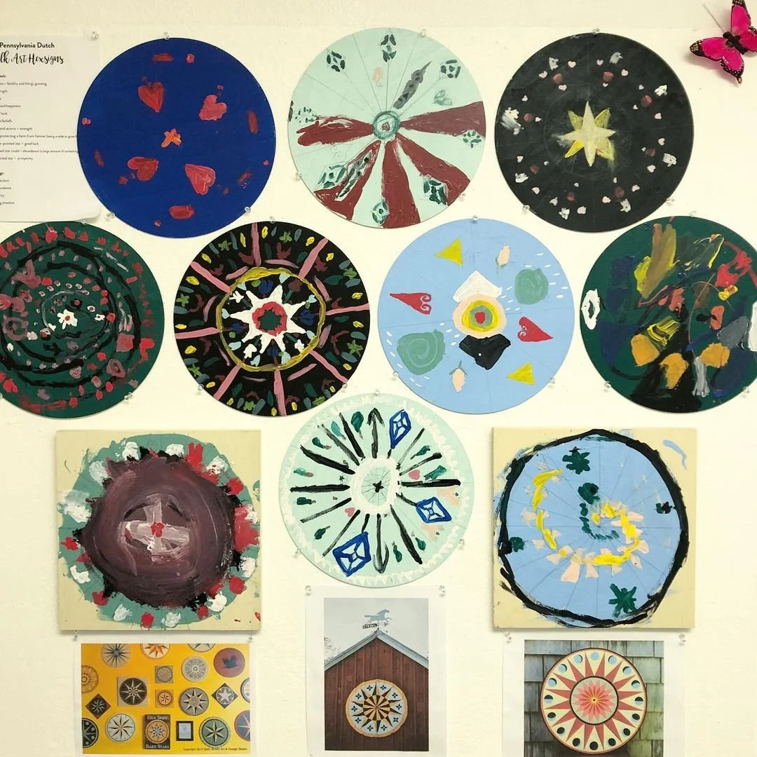Amish-inspired "Hexsign" paintings from a 3rd & 4th grade Math Murals project. 