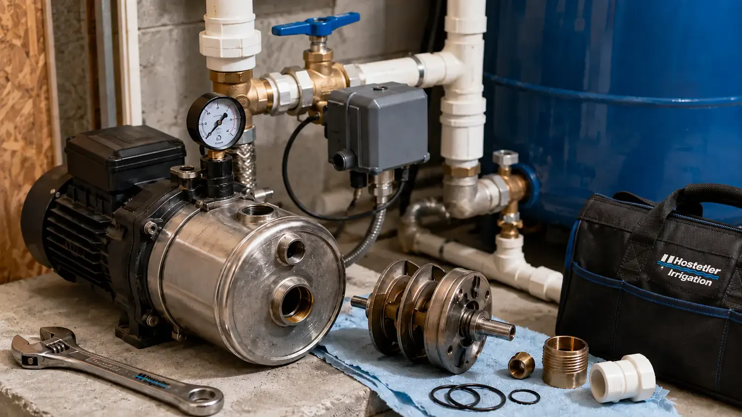 Submersible pump repair with the pump disassembled for new impellers