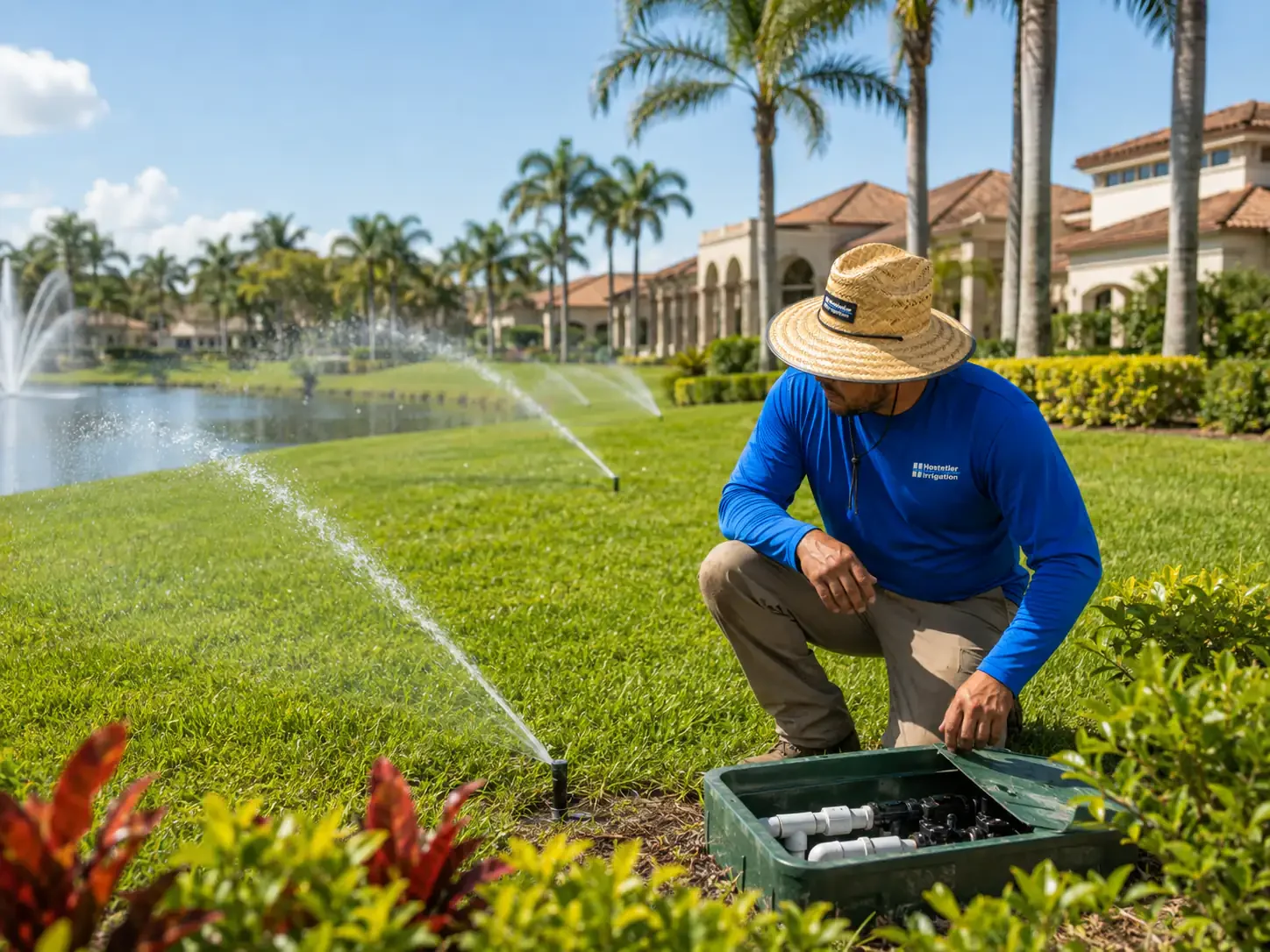 Technician checking valve operation on a Sarasota commercial property