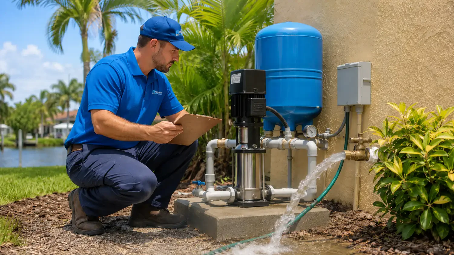 Well pump repair services technician inspecting a pump and tank