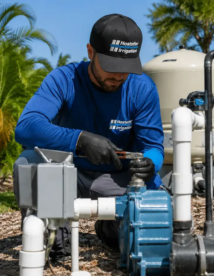 Well pump repair in Sarasota technician servicing a pump and tank